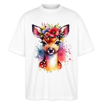 Trachten shirt Tracht Reh Rehkitz Dirndl Hirsch - Stanley/Stella Oversized Unisex Bio T-Shirt Blaster 2.0 - Weiß - Vorne - Alina (178cm) & Michal (187cm)