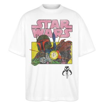 Star Wars: Mandalorian Retro Design Manalorianer - Stanley/Stella Oversized Unisex Bio T-Shirt Blaster 2.0 - Weiß - Vorne - Alina (178cm) & Michal (187cm)