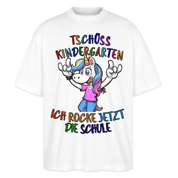 Einhorn mit Spruch und Schulmotto Kindermode - Stanley/Stella Oversized Unisex Bio T-Shirt Blaster 2.0 - Weiß - Vorne - Alina (178cm) & Michal (187cm)