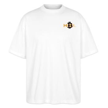 Dezenter Bitcoin Hodler in schwarz/orange - Stanley/Stella Oversized Unisex Bio T-Shirt Blaster 2.0 - Weiß - Vorne - Alina (178cm) & Michal (187cm)