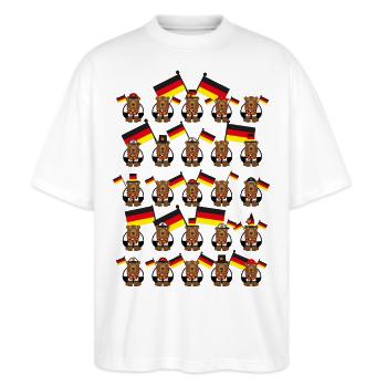 Bären Sport Team mit Fahnen. - Stanley/Stella Oversized Unisex Bio T-Shirt Blaster 2.0 - Weiß - Vorne - Alina (178cm) & Michal (187cm)