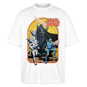 Star Wars Retro Design Darth Vader & Sturmtruppen - Stanley/Stella Oversized Unisex Bio T-Shirt Blaster 2.0 - Weiß - Vorne - Alina (178cm) & Michal (187cm)