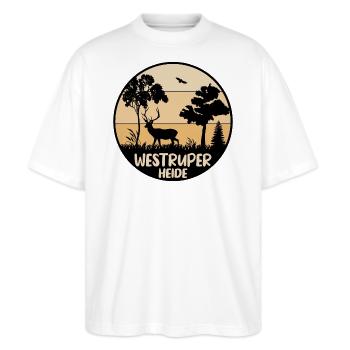 Westruper Heide - Stanley/Stella Oversized Unisex Bio T-Shirt Blaster 2.0 - Weiß - Vorne - Alina (178cm) & Michal (187cm)