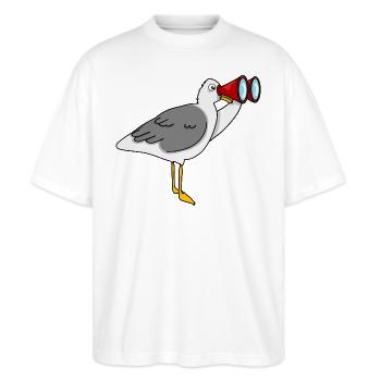 Möwe mit Fernglas schaut nach Fischbrötchen - Stanley/Stella Oversized Unisex Bio T-Shirt Blaster 2.0 - Weiß - Vorne - Alina (178cm) & Michal (187cm)