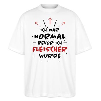 Fleischer Spruch Metzger Lustig Fleischer Geschenk - Stanley/Stella Oversized Unisex Bio T-Shirt Blaster 2.0 - Weiß - Vorne - Alina (178cm) & Michal (187cm)