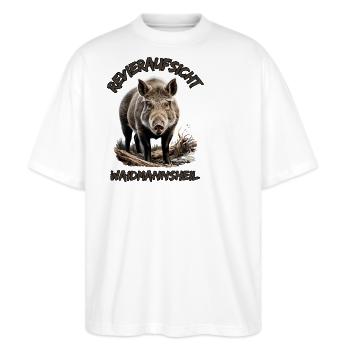 Jäger-Waidmannsheil Revieraufsicht-Wildschwein - Stanley/Stella Oversized Unisex Bio T-Shirt Blaster 2.0 - Weiß - Vorne - Alina (178cm) & Michal (187cm)
