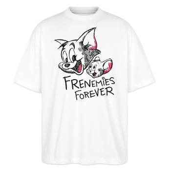 Tom Und Jerry Frenemies Forever - Stanley/Stella Oversized Unisex Bio T-Shirt Blaster 2.0 - Weiß - Vorne - Alina (178cm) & Michal (187cm)