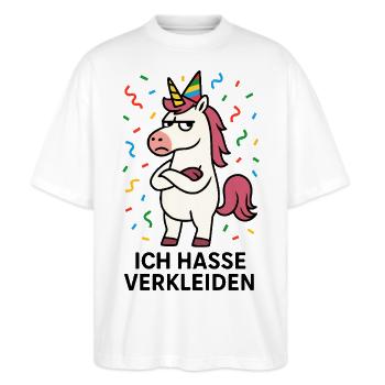 Faschingsmuffel Kostüm Einhorn hasse verkleiden - Stanley/Stella Oversized Unisex Bio T-Shirt Blaster 2.0 - Weiß - Vorne - Alina (178cm) & Michal (187cm)