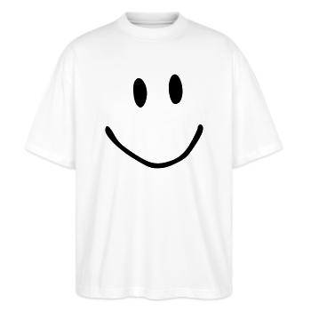Big Smile. Smiley, Gesicht. lustig - Stanley/Stella Oversized Unisex Bio T-Shirt Blaster 2.0 - Weiß - Vorne - Alina (178cm) & Michal (187cm)