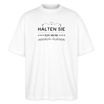 halten Sie bitte die Klappe - Stanley/Stella Oversized Unisex Bio T-Shirt Blaster 2.0 - Weiß - Vorne - Alina (178cm) & Michal (187cm)