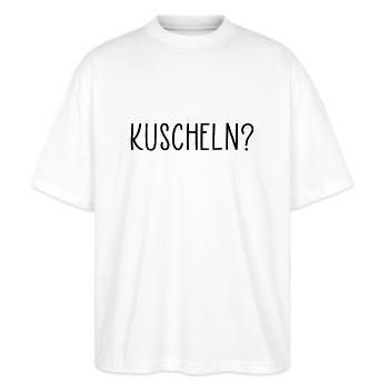 Beziehung Partnerschaft Kuscheln? Spruch - Stanley/Stella Oversized Unisex Bio T-Shirt Blaster 2.0 - Weiß - Vorne - Alina (178cm) & Michal (187cm)