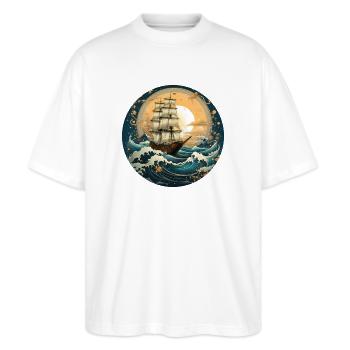 Segelboot Meer Maritime Mond Ozean Nautik T Shirt - Stanley/Stella Oversized Unisex Bio T-Shirt Blaster 2.0 - Weiß - Vorne - Alina (178cm) & Michal (187cm)