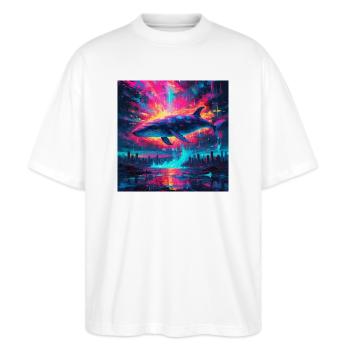 Neon Blauwal - Stanley/Stella Oversized Unisex Bio T-Shirt Blaster 2.0 - Weiß - Vorne - Alina (178cm) & Michal (187cm)