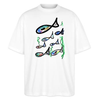 Fische, Fischschwarm, handgezeichnet, illustration - Stanley/Stella Oversized Unisex Bio T-Shirt Blaster 2.0 - Weiß - Vorne - Alina (178cm) & Michal (187cm)