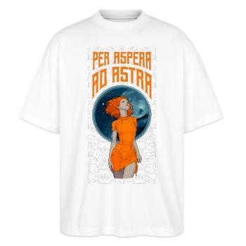 Astro-Lady im Retro-Stil - Per Aspera ad Astra  - Stanley/Stella Oversized Unisex Bio T-Shirt Blaster 2.0 - Weiß - Vorne - Alina (178cm) & Michal (187cm)