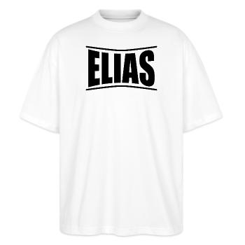 T-Shirt Elias T-Shirt Geschenkidee - Stanley/Stella Oversized Unisex Bio T-Shirt Blaster 2.0 - Weiß - Vorne - Alina (178cm) & Michal (187cm)