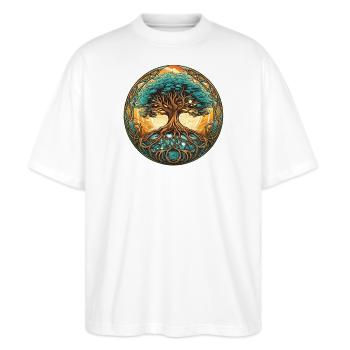 Prächtiger Lebensbaum Farben Nature Shirt - Stanley/Stella Oversized Unisex Bio T-Shirt Blaster 2.0 - Weiß - Vorne - Alina (178cm) & Michal (187cm)