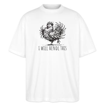 i will hendl this hahn lustig henne dialekt - Stanley/Stella Oversized Unisex Bio T-Shirt Blaster 2.0 - Weiß - Vorne - Alina (178cm) & Michal (187cm)
