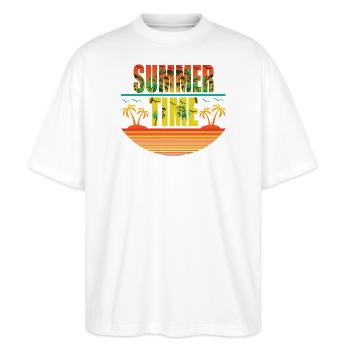 Summer Time Palmeninseln und Möwen - Stanley/Stella Oversized Unisex Bio T-Shirt Blaster 2.0 - Weiß - Vorne - Alina (178cm) & Michal (187cm)
