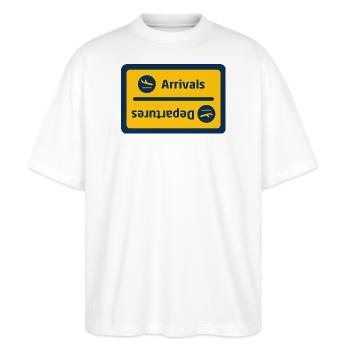 Ankünfte/Abflüge - Stanley/Stella Oversized Unisex Bio T-Shirt Blaster 2.0 - Weiß - Vorne - Alina (178cm) & Michal (187cm)