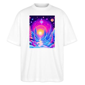 "Cosmic Forest Dreams – Neon Sunset Voyage" - Stanley/Stella Oversized Unisex Bio T-Shirt Blaster 2.0 - Weiß - Vorne - Alina (178cm) & Michal (187cm)