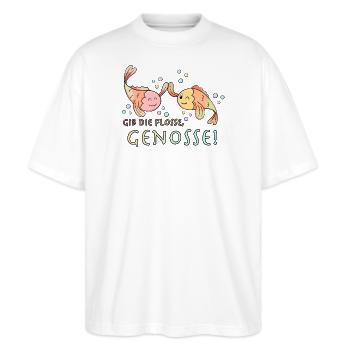 Gib die Flosse Genosse Fisch! - Stanley/Stella Oversized Unisex Bio T-Shirt Blaster 2.0 - Weiß - Vorne - Alina (178cm) & Michal (187cm)