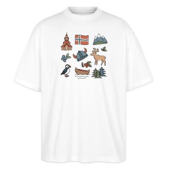 Norwegische Natur & nordische Symbole - Stanley/Stella Oversized Unisex Bio T-Shirt Blaster 2.0 - Weiß - Vorne - Alina (178cm) & Michal (187cm)
