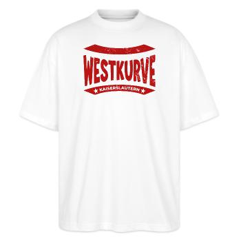 Kaiserslautern Stadion Westkurve Hoodie, Shirt - Stanley/Stella Oversized Unisex Bio T-Shirt Blaster 2.0 - Weiß - Vorne - Alina (178cm) & Michal (187cm)