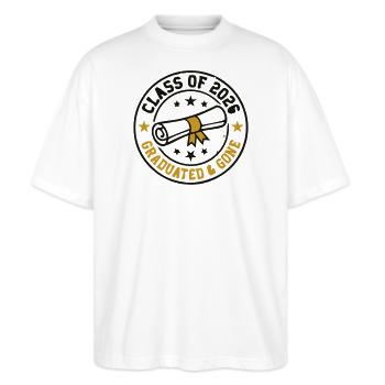 Abschluss 2026 Wappen Stempel - Stanley/Stella Oversized Unisex Bio T-Shirt Blaster 2.0 - Weiß - Vorne - Alina (178cm) & Michal (187cm)