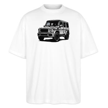 G-Klasse Silhouette Illustration - Stanley/Stella Oversized Unisex Bio T-Shirt Blaster 2.0 - Weiß - Vorne - Alina (178cm) & Michal (187cm)