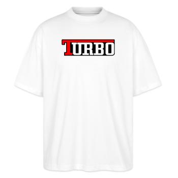 Turbo - Rot, Weiß & Schwarz Turbolader - Stanley/Stella Oversized Unisex Bio T-Shirt Blaster 2.0 - Weiß - Vorne - Alina (178cm) & Michal (187cm)
