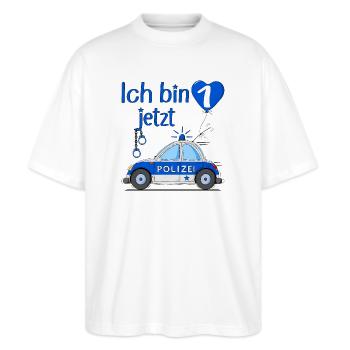 Polizeiauto Ich bin jetzt 1 Geburtstag - Stanley/Stella Oversized Unisex Bio T-Shirt Blaster 2.0 - Weiß - Vorne - Alina (178cm) & Michal (187cm)