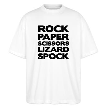 RockPaper - Stanley/Stella Oversized Unisex Bio T-Shirt Blaster 2.0 - Weiß - Vorne - Alina (178cm) & Michal (187cm)