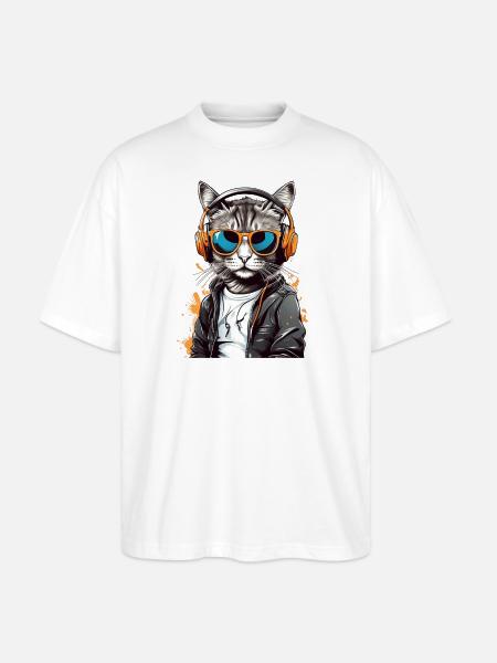 Katzen-DJ mit Kopfhörern - Stanley/Stella Oversized Unisex Bio T-Shirt Blaster 2.0 - Weiß