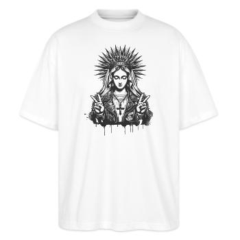 Mutter Gottes Maria als Punk mit Lederoutfit - Stanley/Stella Oversized Unisex Bio T-Shirt Blaster 2.0 - Weiß - Vorne - Alina (178cm) & Michal (187cm)