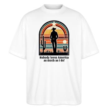 Cowboy - Stanley/Stella Oversized Unisex Bio T-Shirt Blaster 2.0 - Weiß - Vorne - Alina (178cm) & Michal (187cm)