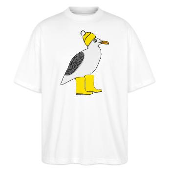 Möwe mit Gummistiefel und Mütze - Stanley/Stella Oversized Unisex Bio T-Shirt Blaster 2.0 - Weiß - Vorne - Alina (178cm) & Michal (187cm)