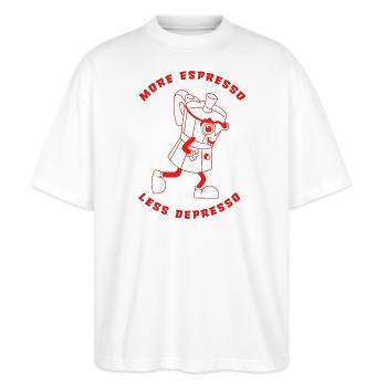 More Espresso Less Depresso red - Stanley/Stella Oversized Unisex Bio T-Shirt Blaster 2.0 - Weiß - Vorne - Alina (178cm) & Michal (187cm)
