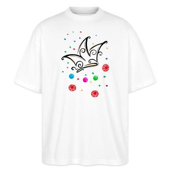 Narrenkappe Bonbons Kamelle - Stanley/Stella Oversized Unisex Bio T-Shirt Blaster 2.0 - Weiß - Vorne - Alina (178cm) & Michal (187cm)