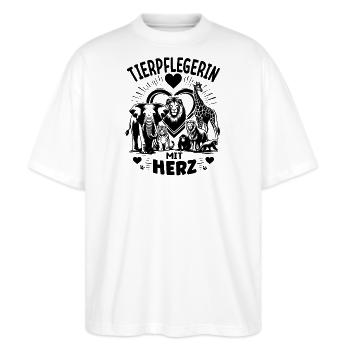 Tierpflegerin Zoo - Stanley/Stella Oversized Unisex Bio T-Shirt Blaster 2.0 - Weiß - Vorne - Alina (178cm) & Michal (187cm)