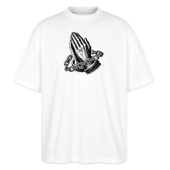 Betende Hände mit Ketten - Stanley/Stella Oversized Unisex Bio T-Shirt Blaster 2.0 - Weiß - Vorne - Alina (178cm) & Michal (187cm)