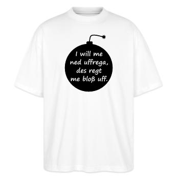 Explodiere vor Gelassenheit - Schwäbischer Spruch - Stanley/Stella Oversized Unisex Bio T-Shirt Blaster 2.0 - Weiß - Vorne - Alina (178cm) & Michal (187cm)