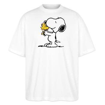 Peanuts Snoopy Und Woodstock - Stanley/Stella Oversized Unisex Bio T-Shirt Blaster 2.0 - Weiß - Vorne - Alina (178cm) & Michal (187cm)
