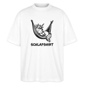 Schlafshirt Einhorn in Hängematte - Stanley/Stella Oversized Unisex Bio T-Shirt Blaster 2.0 - Weiß - Vorne - Alina (178cm) & Michal (187cm)