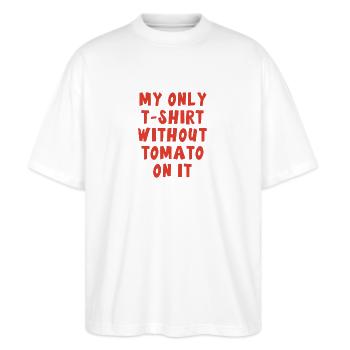 Tomaten Fleck auf weissem T-Shirt - Stanley/Stella Oversized Unisex Bio T-Shirt Blaster 2.0 - Weiß - Vorne - Alina (178cm) & Michal (187cm)