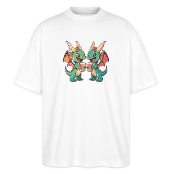 Drache Bier Lustig Party - Stanley/Stella Oversized Unisex Bio T-Shirt Blaster 2.0 - Weiß - Vorne - Alina (178cm) & Michal (187cm)