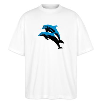 Delfin, Delfine - Dolphin - Stanley/Stella Oversized Unisex Bio T-Shirt Blaster 2.0 - Weiß - Vorne - Alina (178cm) & Michal (187cm)