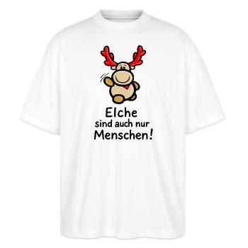 Elch Elmondo: „Elche sind auch nur Menschen!“ :-D - Stanley/Stella Oversized Unisex Bio T-Shirt Blaster 2.0 - Weiß - Vorne - Alina (178cm) & Michal (187cm)