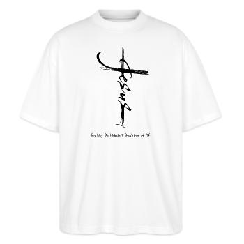 Jesus Kreuz - Der Weg Die Wahrheit Das Leben - Stanley/Stella Oversized Unisex Bio T-Shirt Blaster 2.0 - Weiß - Vorne - Alina (178cm) & Michal (187cm)