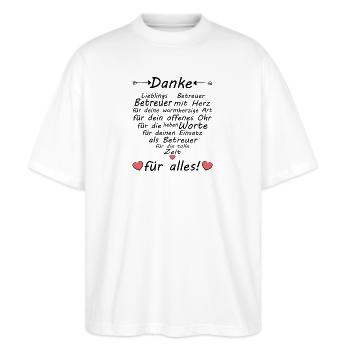 Betreuer Team Betreuung Danke zum Abschied - Stanley/Stella Oversized Unisex Bio T-Shirt Blaster 2.0 - Weiß - Vorne - Alina (178cm) & Michal (187cm)